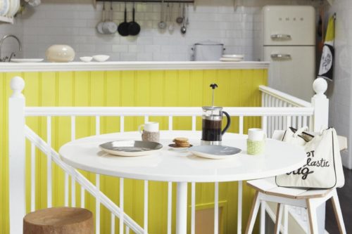 gul panel i kök modernt
